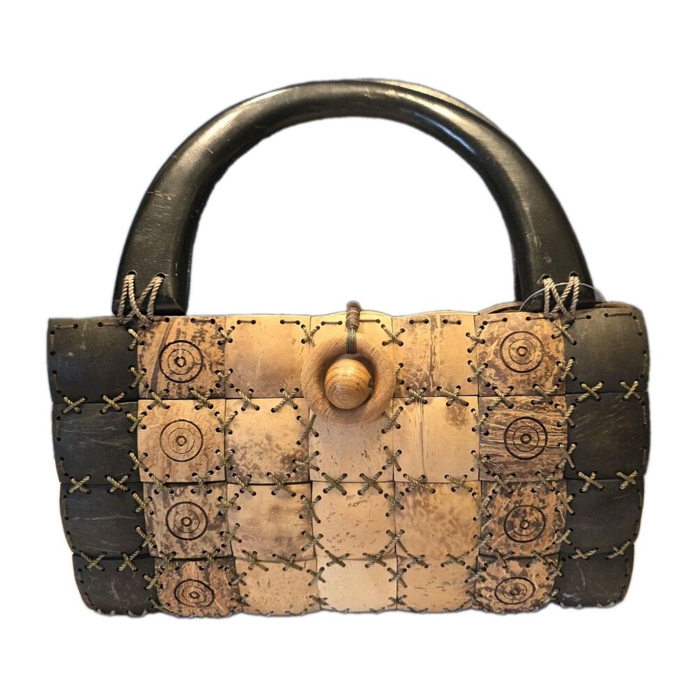 VTG Coconut Shell Purse Checkerboard Pattern Hand Handbag Boho Chic Hippie